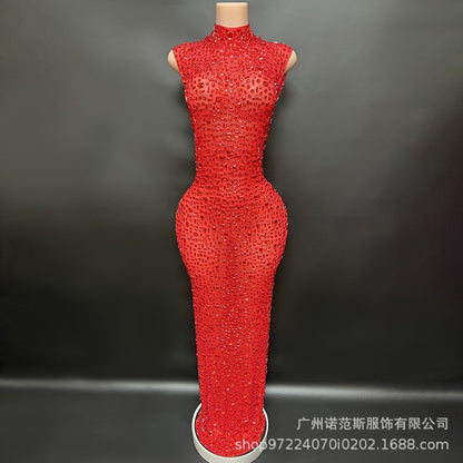 Sexy Full Drill Elastic Slim Fit Sleeveless Long Dress - Hip Wrap, For Host Stage Catwalk & Engagement Evening High-Slit Dresses