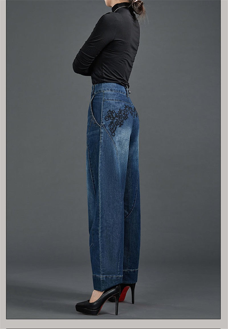 Autumn Winter High Waisted Women Jeans Casual Loose Embroidery Bloomers Trousers Female Fashion Wide Leg Denim Pants Blue