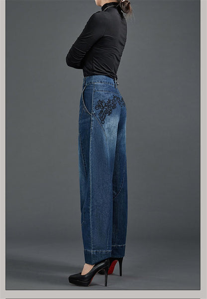 Autumn Winter High Waisted Women Jeans Casual Loose Embroidery Bloomers Trousers Female Fashion Wide Leg Denim Pants Blue