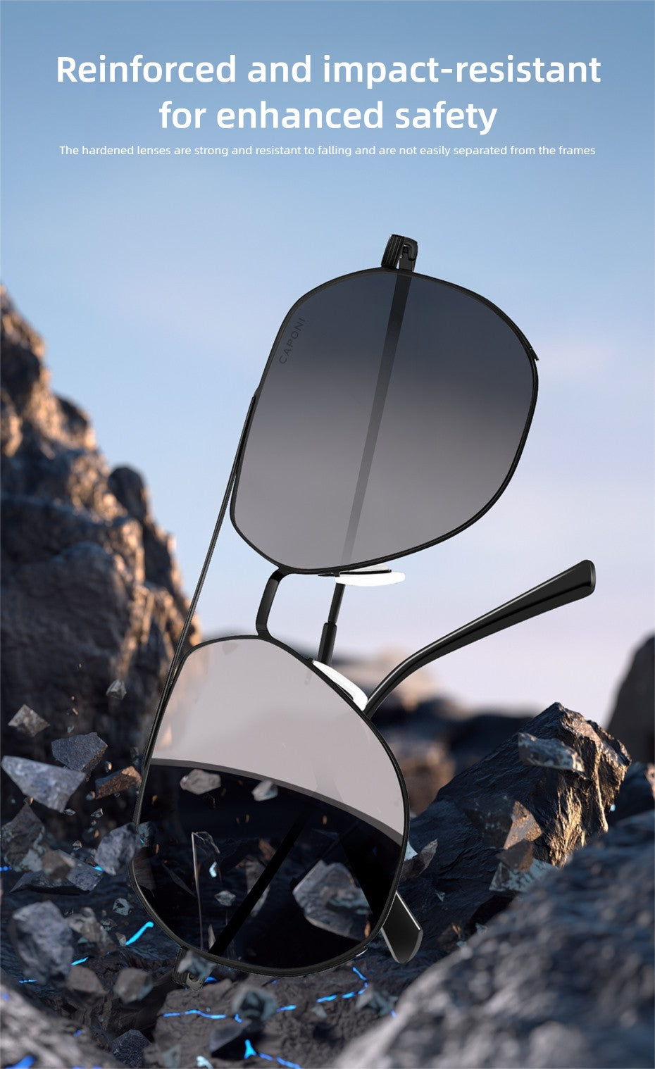 CAPONI Aviator Polarized Men Sunglasses Classic Double Bridge Designer Outdoor Sun Glasses Anti Glare UV400 Silver Shade CP35707