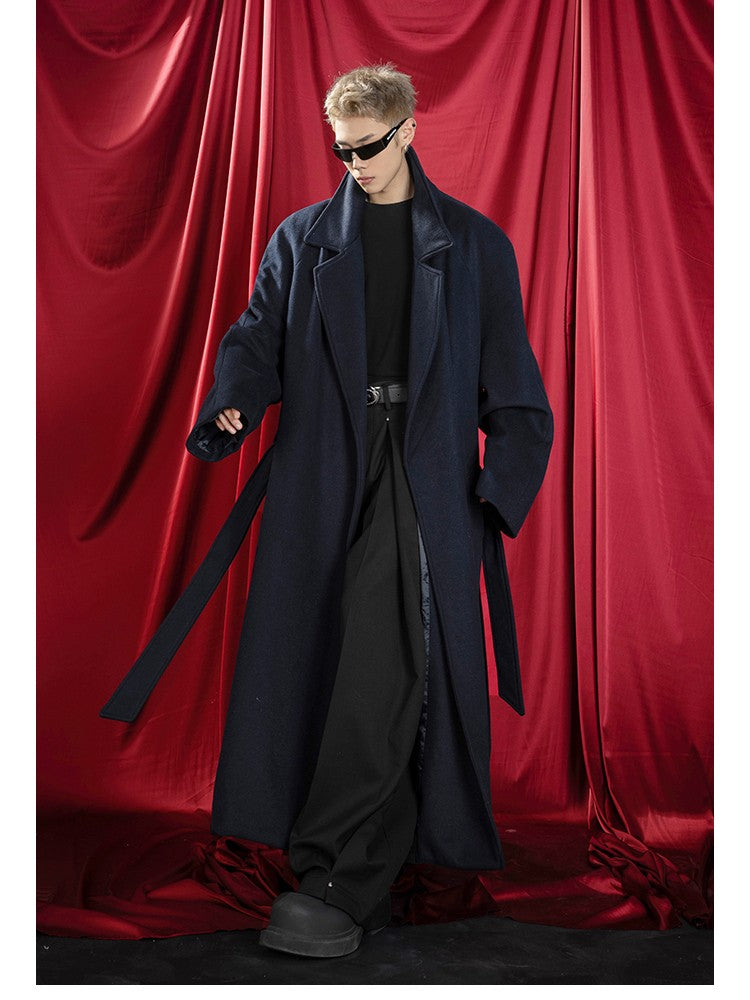 Mauroicardi Autumn Winter Oversized Extra Long Warm Navy Blue Wool Blends Coat Men Loose Luxury Designer Woolen Overcoat 2024