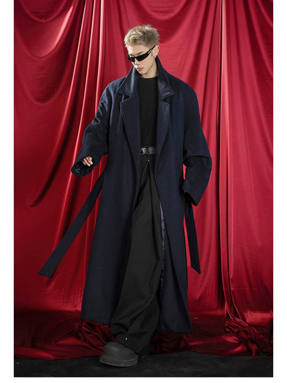 Mauroicardi Autumn Winter Oversized Extra Long Warm Navy Blue Wool Blends Coat Men Loose Luxury Designer Woolen Overcoat 2024