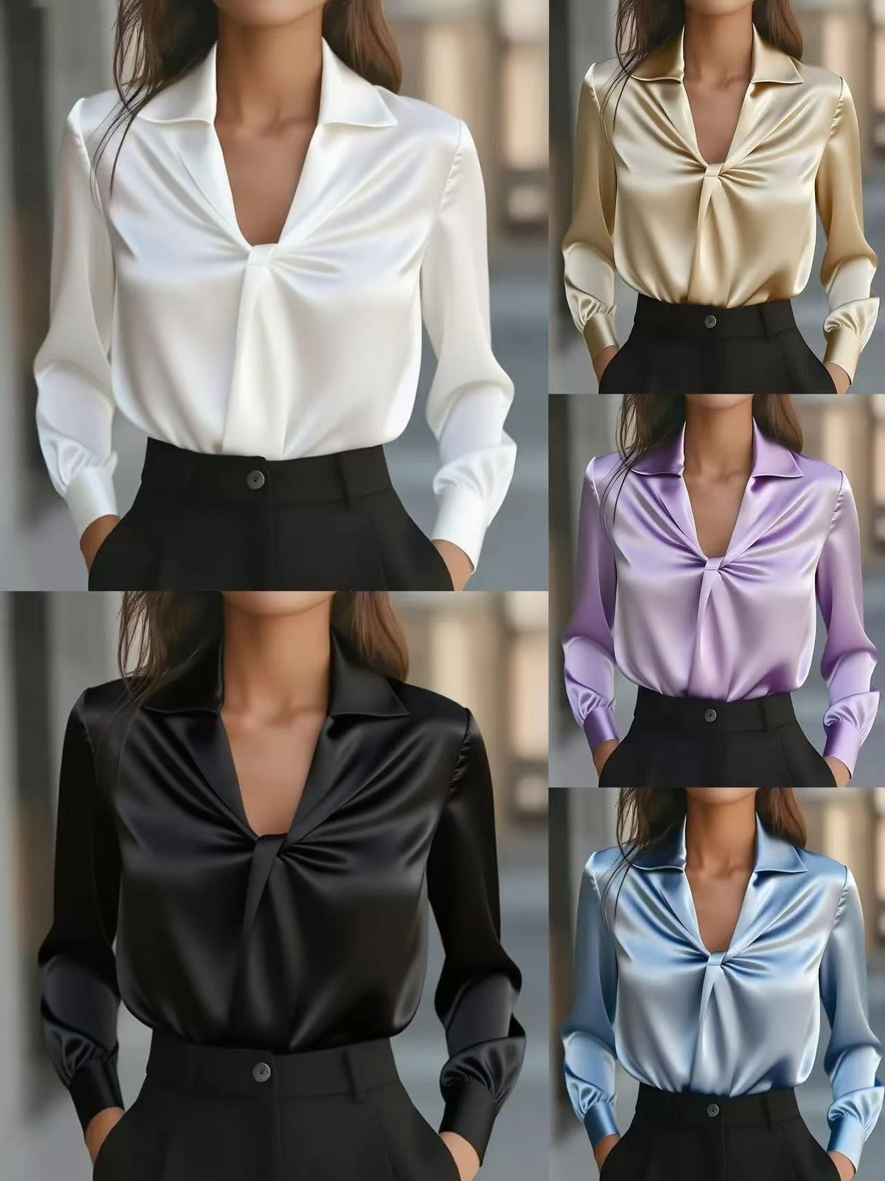 Autumn fashion temperament solid color satin pleated long sleeve shirt female