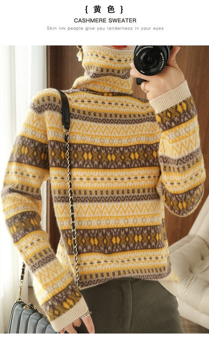 Autumn and Winter New 100% Wool Cashmere Sweater Women's High Neck Pullover Casual Knitted Loose Korean Fashion Color Block Top