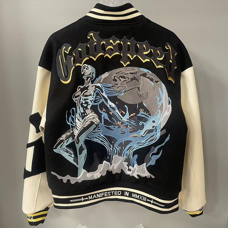 Real Photo GOD SPEED Baseball Jacket American Vintage Patchwork Leather Sleeves Unisex Embroidery Skeleton Jacket Coats