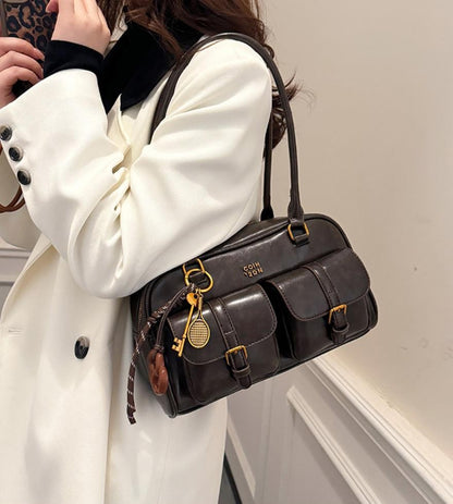 Women's Coffee Brown Multi-Pocket Handbag Shoulder Bag, Stylish Versatile Letter Crossbody Purse for Travel Work Shopping Dates