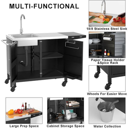 Mesa para churrasqueira externa com pia, carrinho de metal para churrasqueira, ilha de cozinha externa com pia de aço inoxidável, L145*A55cm