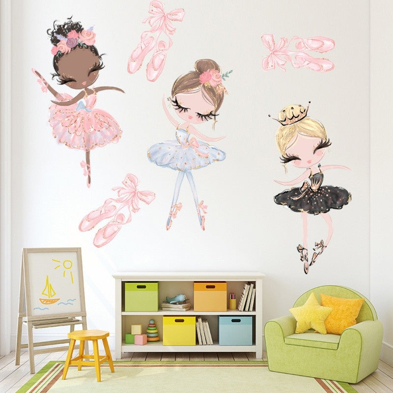 Kawaii Ballet Dace Girl Wall Art Sticker For Living Room Girls Bedroom Decoration Self-adhesive Wallpaper Baby Home Decor