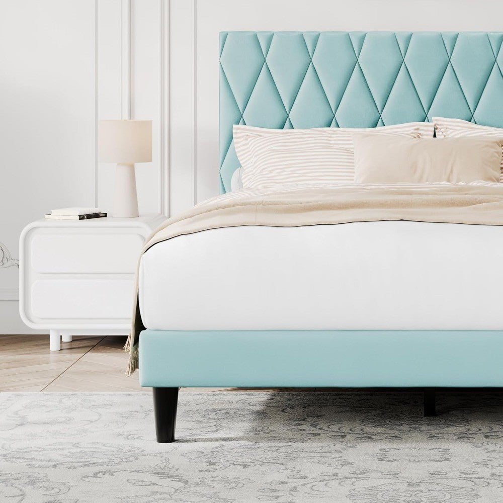 King Platform Bed Frame with Storage Space, Fabric Upholstered Headboard, Fully Upholstered Mattress Foundation, No Box Spring N