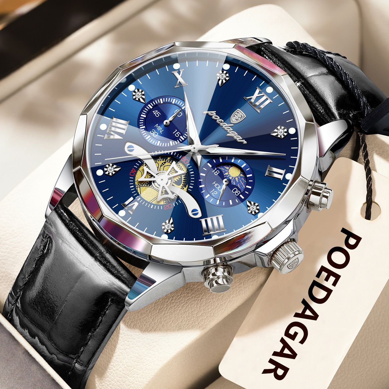 POEDAGAR Relógio de Pulso Militar de Luxo Masculino Quartzo Impermeável Luminoso Cronógrafo Couro Masculino Relógio Esportivo Masculino Relógio Masculino