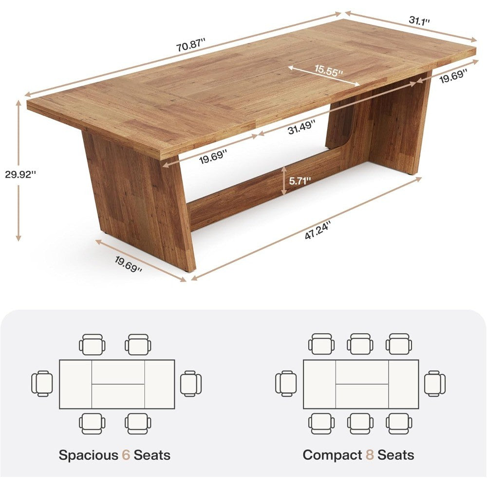 Large Rectangular Wood Dining Table for 6-8, Farmhouse Style Kitchen Table with Solid Pedestal Base