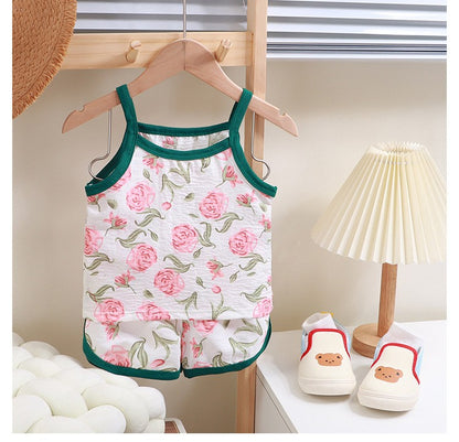 Summer Children Sling Shorts Set Fashion Flower Girls Kids Thin Breathable Pajamas Cute Cartoon Baby Toddler Home Clothes