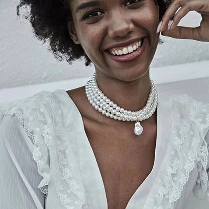 Colar Choker Clássico Camadas Fio Pérolas Redondas para Mulheres, Pingente de Pérola Barroca Irregular, Presente de Casamento