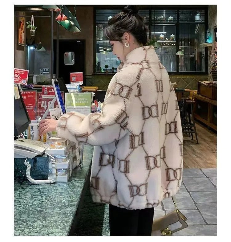 Ladies Thickened Cotton Lamb Fur Jacket Korean Style Winter Outerwear Loose Versatile Trendy Coat Warm Comfortable Soft Material