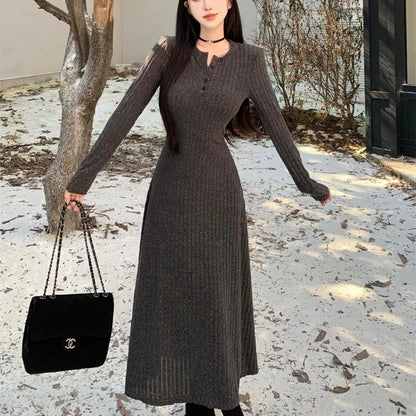 Long Sleeve Dresses Women Solid Slim Basic Mid-length All-match Elegant Autumn Winter Vestidos Female Defined Waist Knitting New