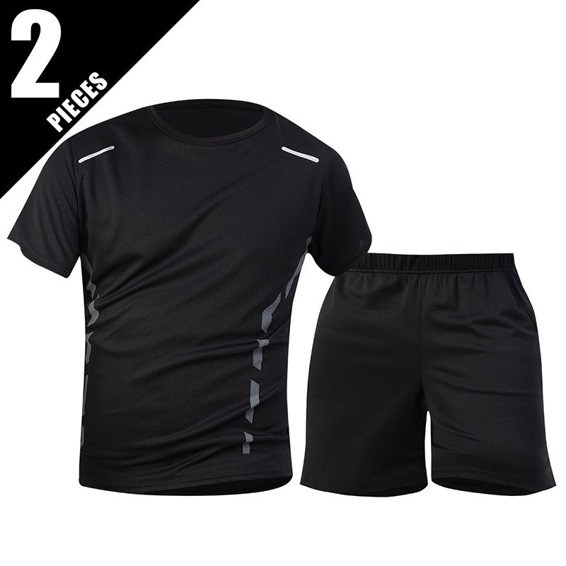 2-Piece Men's Summer Quick drying Sports Suit Loose And Breathable Short Sleeved T-shirt Running And Fitness Black Pocket Shorts