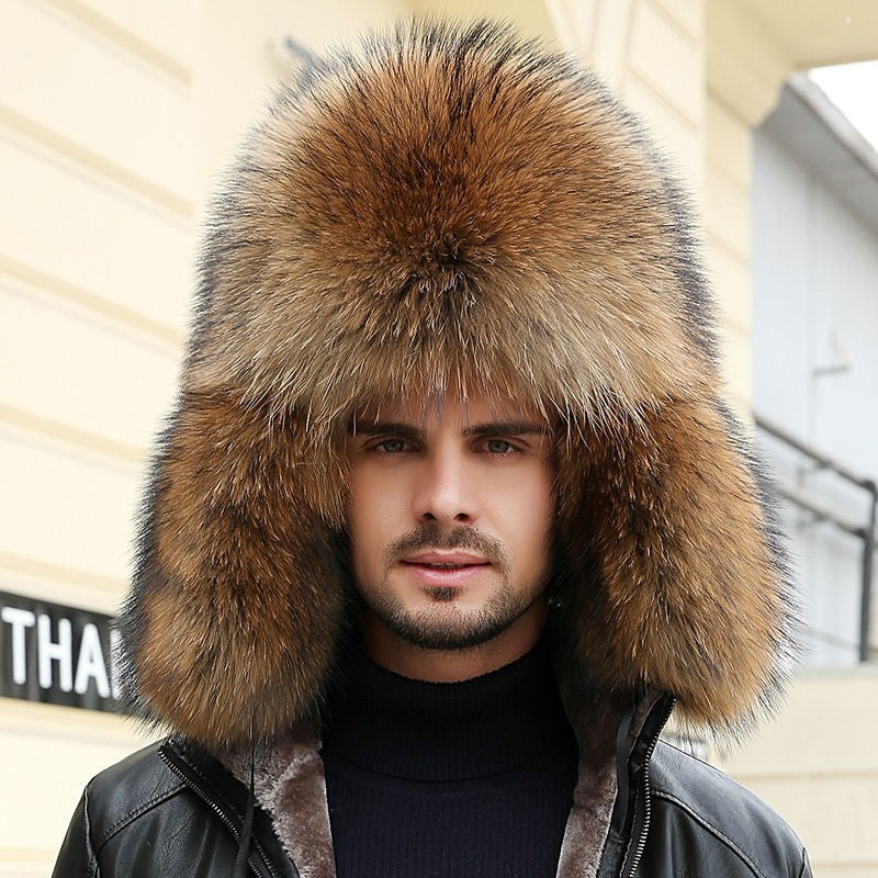 Real Fur 100% Fox Skin Russian Businessmen Pilot Bombers Full Mao Men's hat Ushanka Winter Ear Guard Hat Raccoon Fur Beanie hat