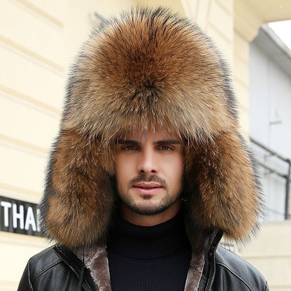 Real Fur 100% Fox Skin Russian Businessmen Pilot Bombers Full Mao Men's hat Ushanka Winter Ear Guard Hat Raccoon Fur Beanie hat
