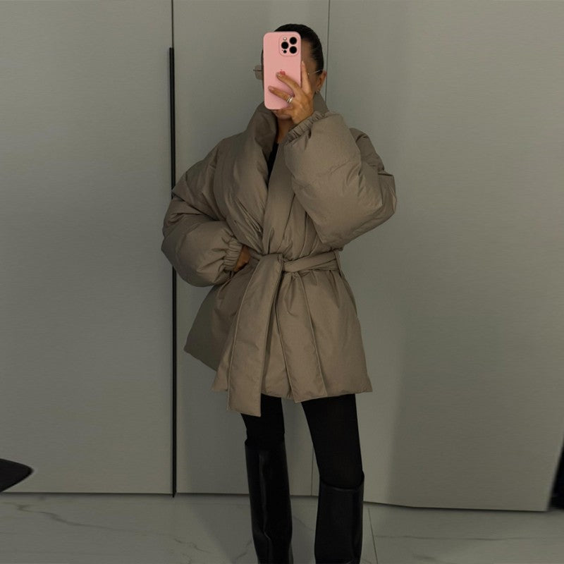 Casual Lace Up Women's Thicken Cotton Jacket Hooded Faux Fur Collar Zipper Long Coats Lady 2025 Winter Chic Female Street Coat