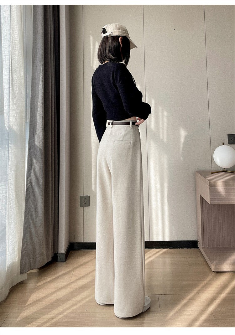 High Quality Woolen Wide Leg Pants Women Streetwear Belt Baggy Black Suit Pants Winter Korean Fashion Casual Straight Trousers