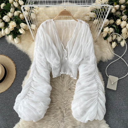 Summer Sexy Draped Chiffon Blouse For Women Elegant V-Neck Puff Long Sleeve Short Tops Female Slim Party Shirts 2022 New Fashion