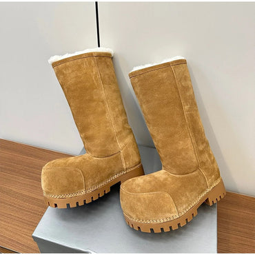 Fashionable Snow Boots Platform Elevating Warm Cotton Shoes Warm Big Head Design Long Boots Ladies All-over Brown Long Boots
