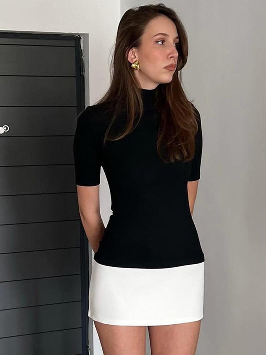 Summer 2025 Turtleneck Half Sleeve Mini Dresses French Style Fashion Elegant Bla