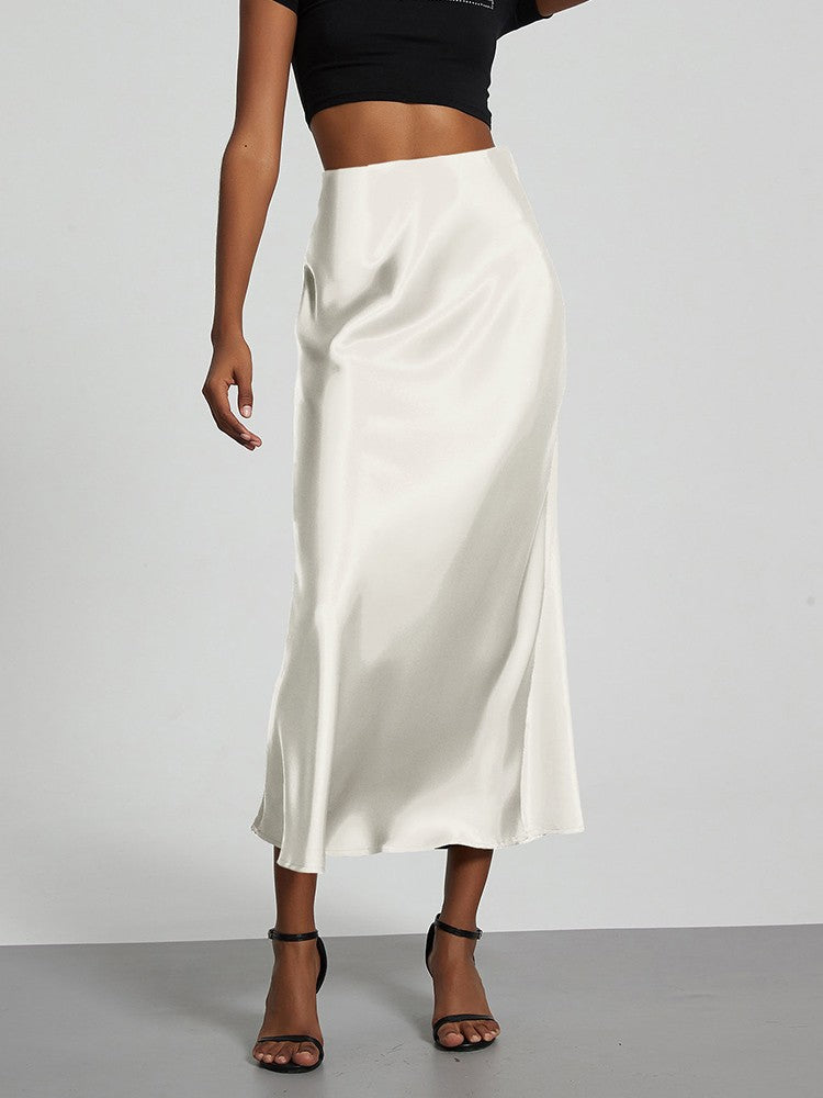 Fashion Satin Party Long Skirt High Waist Solid Color Casual Basic Women Skirts