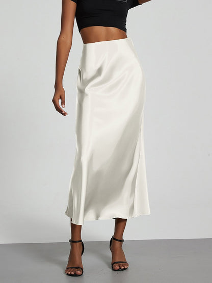 Fashion Satin Party Long Skirt High Waist Solid Color Casual Basic Women Skirts