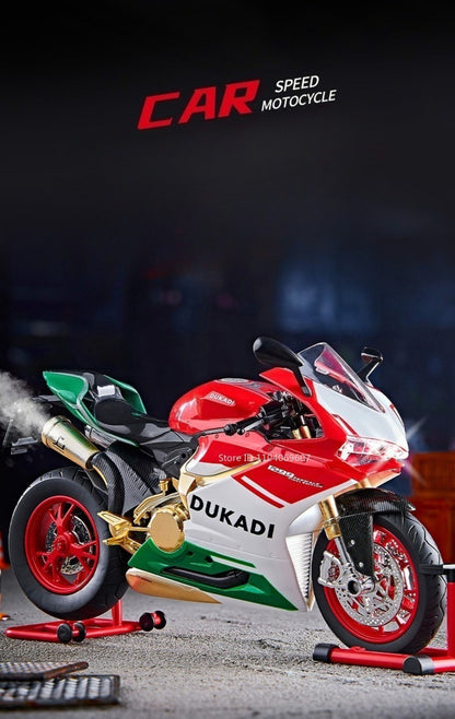 Modelos de motocicleta em miniatura 1:9 Scale 1299 V4S Brinquedos de motocicleta de liga leve com som, luz e absorção de choque, motocicletas de ornamento para presentes infantis