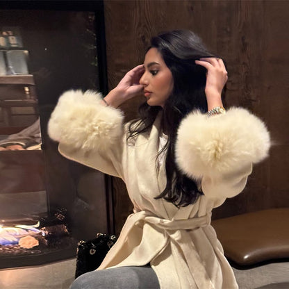 Elegant Faux Fur Cuffs Woolen Coat With Belt For Women Fashion Lapel Long Sleeve Lace Up Maxi Jacket Lady 2025 Autumn Outerwear