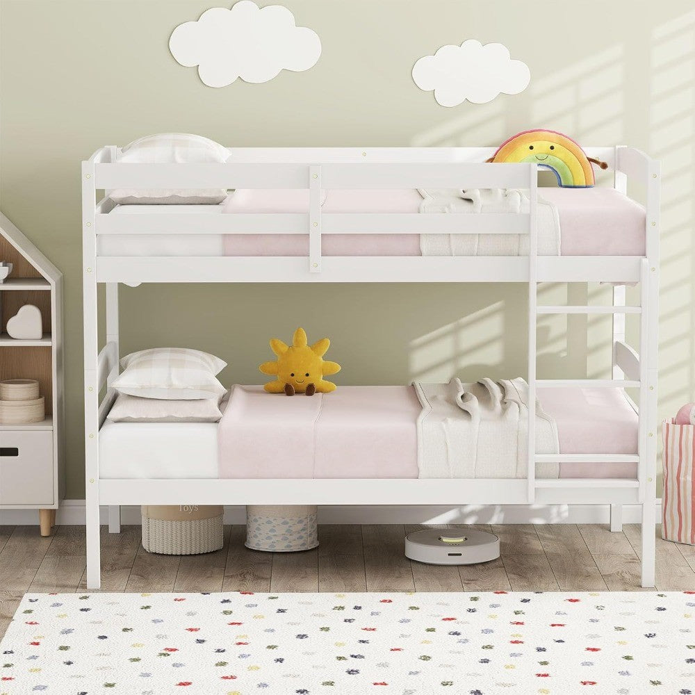 Bunk Bed Twin Over Twin, Solid Wood Detachable Bed Frame with High Guardrails & Integrated Ladder, Wooden Slatted B