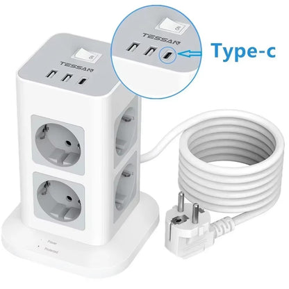 TESSAN Tower Power Strip Multi Outlets with USB A +1 Type C 2M Extension Cable EU Plug Vertical Electric Socket Surge Protection