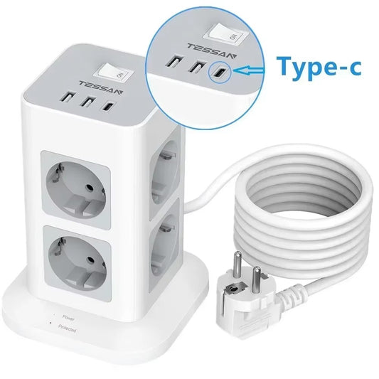 TESSAN Tower Power Strip Multi Outlets with USB A +1 Type C 2M Extension Cable EU Plug Vertical Electric Socket Surge Protection