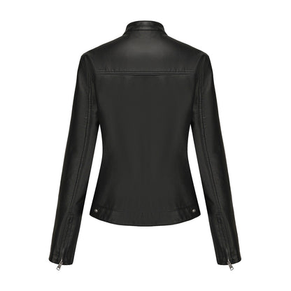 Black Women's Fitted Leather Jacket with Front Zipper & Side Pockets?, Available in Brown, Navy Blue, and Beige.