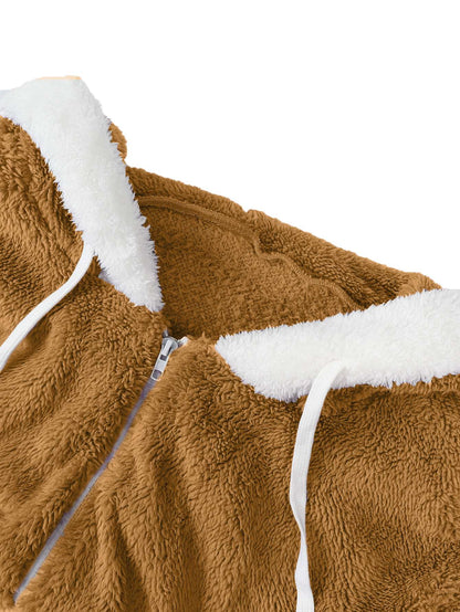 Plus Size Autumn/Winter New Arrivals Women's Autumn/Winter Drop-Shoulder Long-Sleeved Colour-Block Patchwork Fleece Hooded Jacke