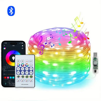 USB RGBIC LED Fairy Lights WS2812B Bluetooth Smart Control Dream Color Music Sync Waterproof Garland Holiday Wedding Decor Lamp