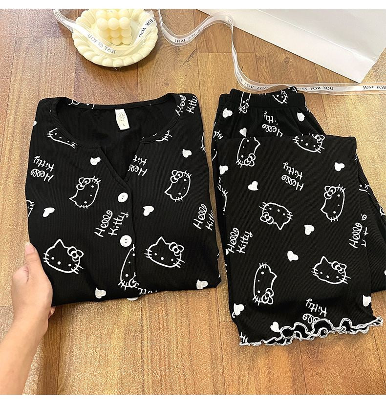 New Women Hello Kitty Pajamas Set Long Sleeve V-Neck Cardigan and Pants Cute Cartoon Homewear Sleepwear Loungewear Spring Autumn