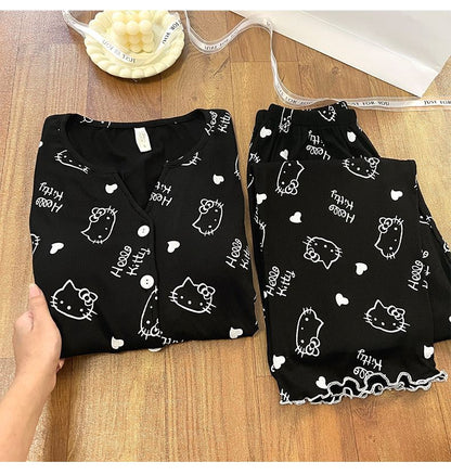 New Women Hello Kitty Pajamas Set Long Sleeve V-Neck Cardigan and Pants Cute Cartoon Homewear Sleepwear Loungewear Spring Autumn