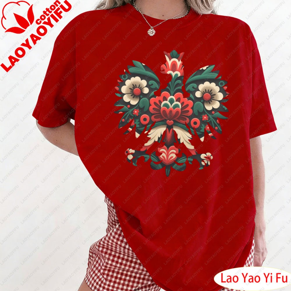 Polish Eagle Shirt Folk Art Christmas Design Clothes Botanical Flowers Tops Summer Women Retro Fashion Graphics Tees