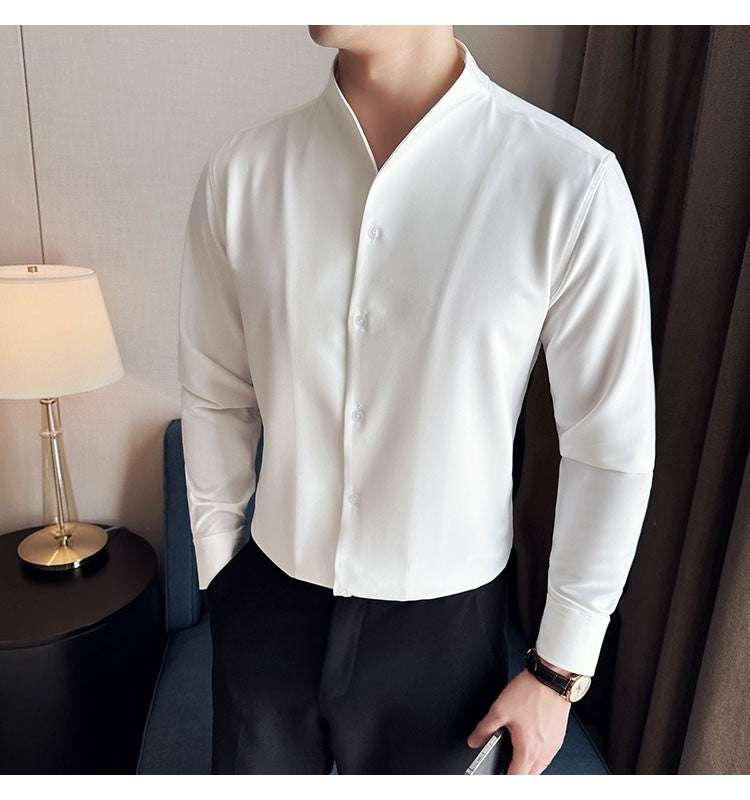 Advanced Sexy V-neck Men's Long Sleeved Shirt Designer Stand Up Collar Shirt Business Social Slim Fit Black and White Top