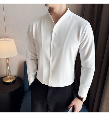 Advanced Sexy V-neck Men's Long Sleeved Shirt Designer Stand Up Collar Shirt Business Social Slim Fit Black and White Top