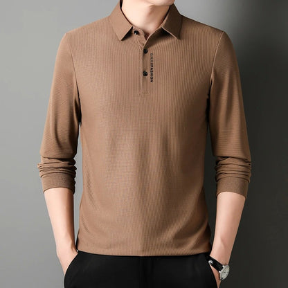Men's Waffle Long Sleeved POLO Shirt with Letter Printed Lapel Casual Top