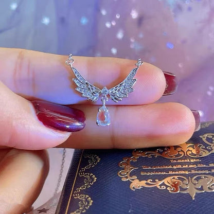 Colares com Pingente em Forma de Coração e Asas de Anjo Cor Prata Zircônia Cúbica 5A Estilo Minimalista Corrente na Clavícula Joias Femininas e para Meninas
