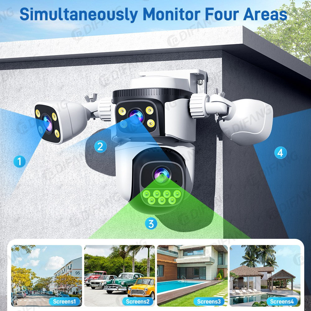 DIFANG 20MP 4 Screens WiFi Security Camera Outdoor 5X  Zoom Quad Lens Auto Tracking Waterproof Night Vision CCTV Cameras