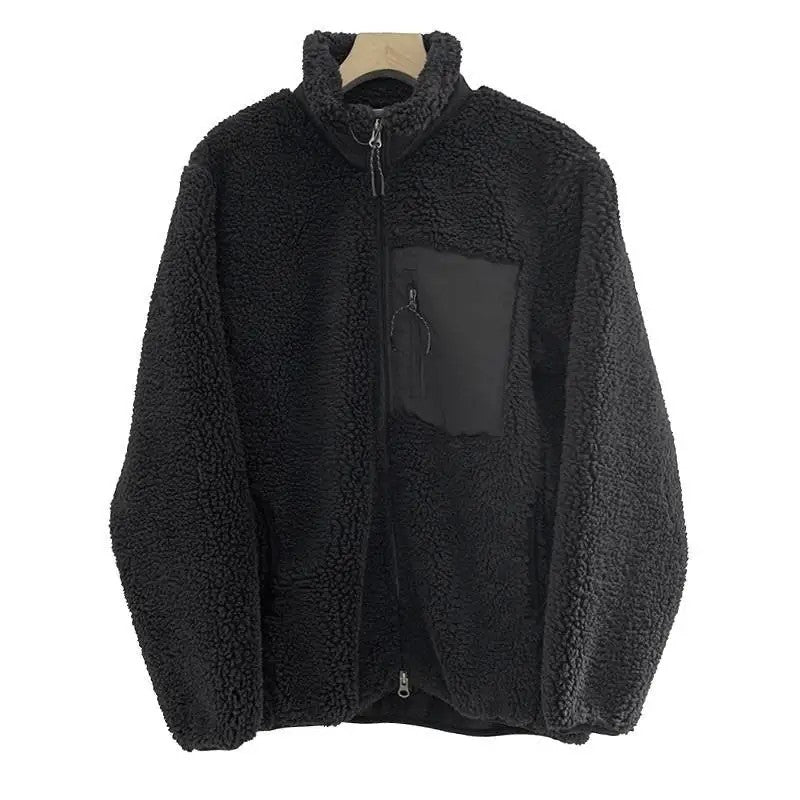 Autumn and Winter Japanese Men's and Women's Fleece Stand Neck Jacket Couple Zipper Loose Warm Lamb Wool Coat Solid Color Jacket
