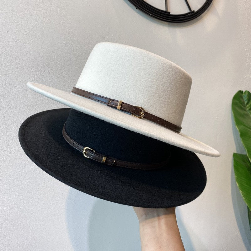 Chapéu Fedora de Lã Feminino com Fivela Decorada Aba Reta Feltro Retrô Jazz Boné Inverno Outono Quente Estilo Britânico Boater