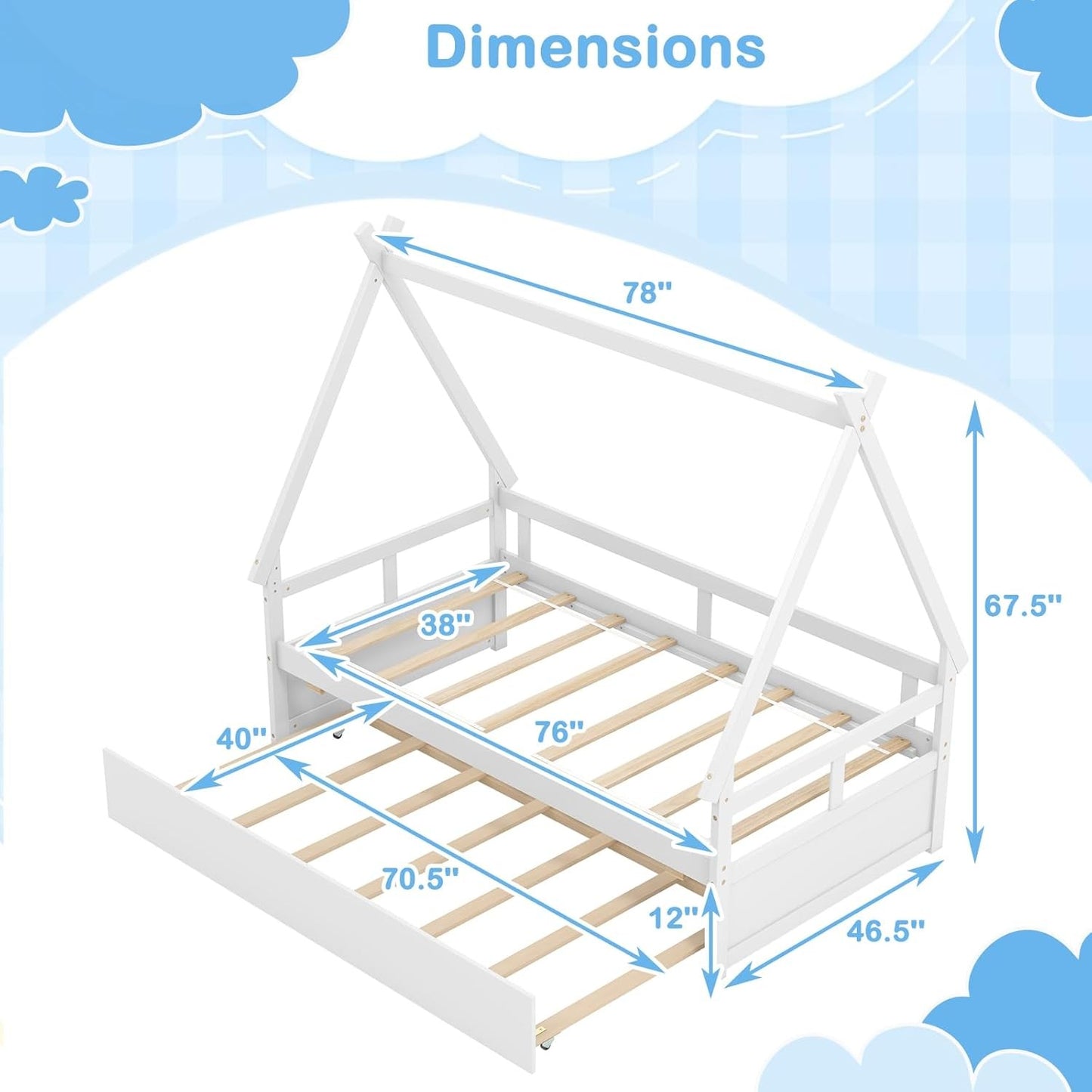 Cama de Casal com Cama Auxiliar, Estrutura de Cama Montessoriana de Madeira em Forma de Tenda com Grade de Segurança, Camas Teepee Baixas com Suporte de Ripas de Madeira