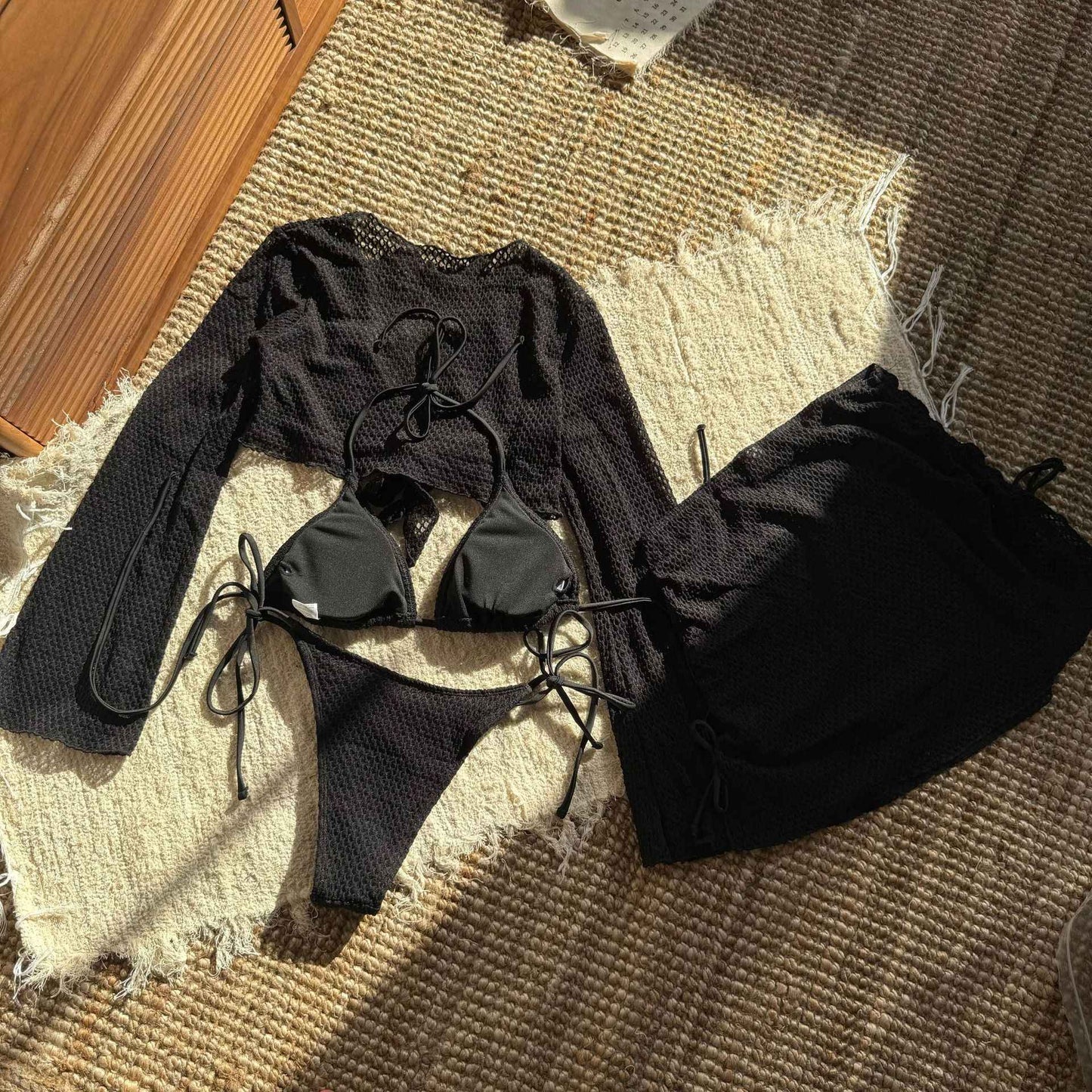 Summer Holiday 4 Piece Bikini Set 2025 Women Sexy White Long Sleeve Cover Up and Skirt Swimsuit Beach Bathing Suit Pool Swimwear