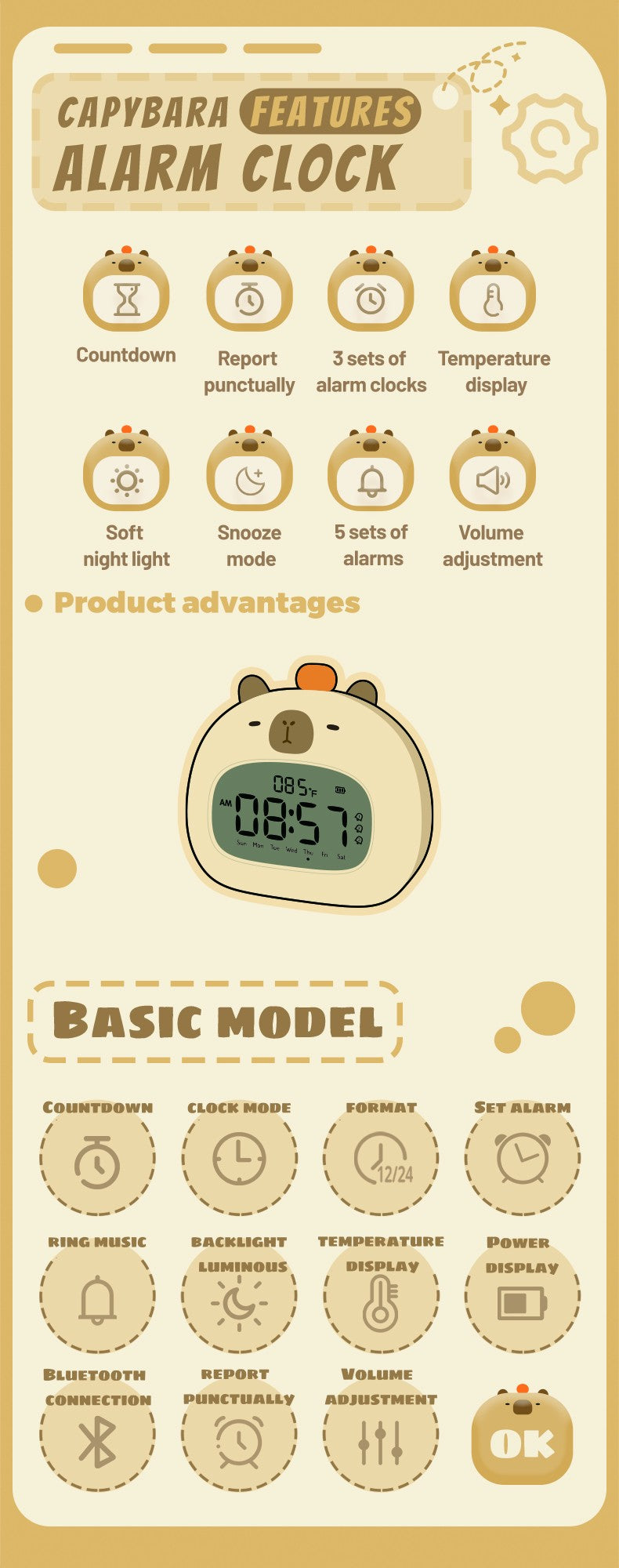 Bedside LED Clock Kids Alarm Clock Children's Sleep Trainier Temperature Display With Rechargeable Control Digital Cute Capybara